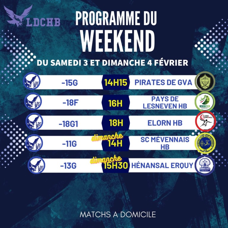 Planning du week-end 3 et 4 Fevrier